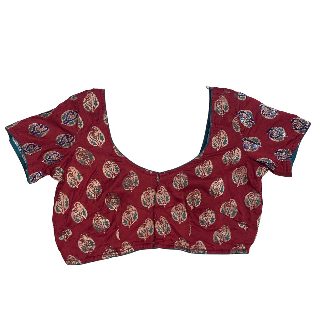 Indian Designer Blouse Maroon Paisley Sequins Short Sleeve Saree Top